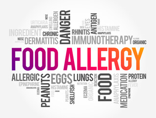 Obraz premium Food Allergy is an immune system reaction that occurs soon after eating a certain food, word cloud concept background