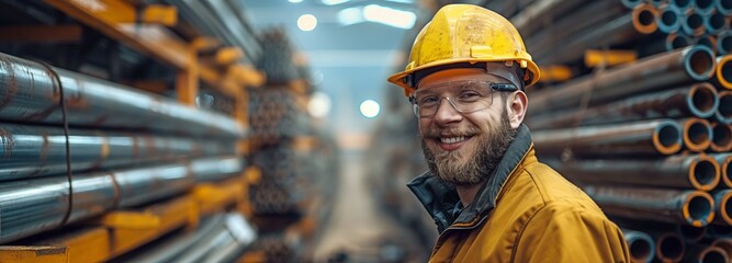 While stacking steel pipes at a metalworking company's storage, a worker wearing a protective uniform and a hardhat grinned at the camera above his shoulder. - obrazy, fototapety, plakaty