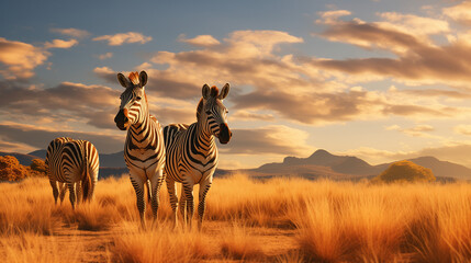 zebras in the savannah - obrazy, fototapety, plakaty