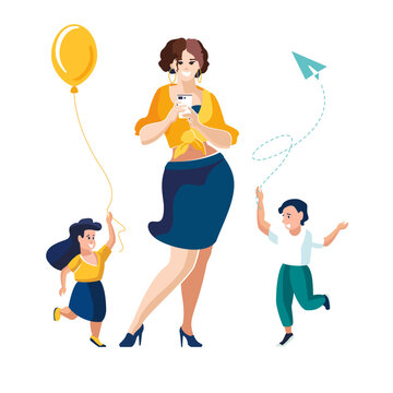 Family concept illustration. Mother and children are happy. A boy with an airplane and a girl with an inflatable layer. People, sexy mom with phone. Single mother. Banner, poster, magazine, flat image