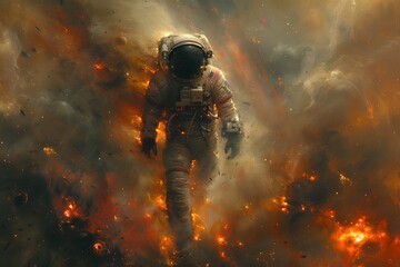 Man in Space Suit Walking Through Field of Fire. Generative AI