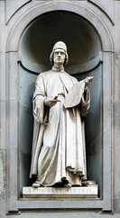 Statue of Leon Battista Alberti in the niches of the Uffizi Gallery colonnade, Florence, Italy.