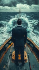 A man in a suit stands on the deck of a boat, looking out at the stormy sea.