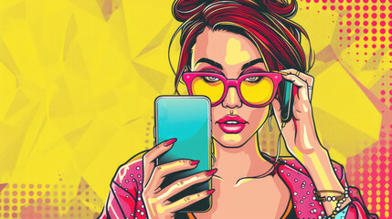 Retro style woman with headscarf and sunglasses using smartphone.