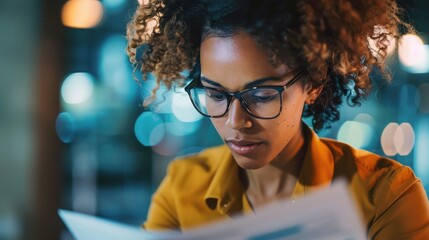 close-up of a businesswoman studying documents with intense concentration, showcasing the meticulous attention to detail in her work.
