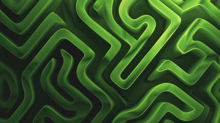 3D digital art of a labyrinthine structure in green and yellow neon lights.