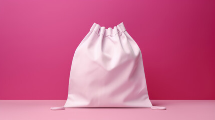Blank white drawstring bag on pink background.