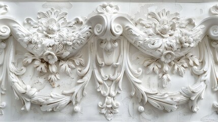 Ornate white plaster relief on wall. Classical architecture detail.