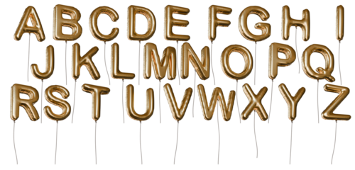 Many alphabet letter shaped golden balloons made of foil. Isolated on transparent background.