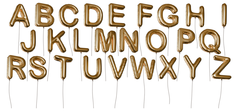 Many alphabet letter shaped golden balloons made of foil. Isolated on transparent background.