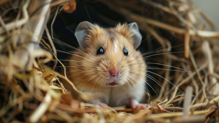 curious hamster peering out from its cozy nest, its whiskers twitching with anticipation as it explores its surroundings.