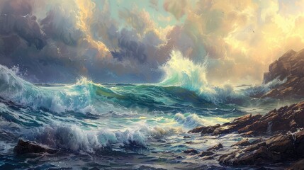 dramatic seascape with towering waves crashing against a rocky shore, the tumultuous aftermath of a powerful storm at sea.