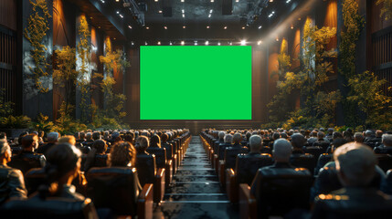 an ultrarealistic mockup of a modern congress with a greenscreen screen, full audience,generative ai - obrazy, fototapety, plakaty