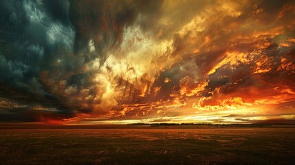 dramatic sky ablaze with colors as a storm clears at sunset, casting a golden glow over the landscape in the aftermath of nature's fury.