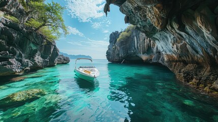 family exploring exotic islands on a private speedboat tour, discovering hidden coves and pristine beaches along the way. - obrazy, fototapety, plakaty