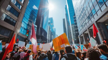 Obraz premium Urban protest with people and red flags in city street May Day, International Workers' Day