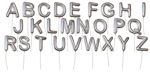 Many alphabet letter shaped silver balloons made of foil. Isolated on transparent background.