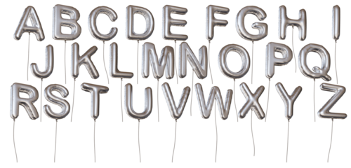 Many alphabet letter shaped silver balloons made of foil. Isolated on transparent background.