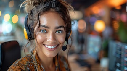 Happy customer service representative with headphones in a vibrant office.