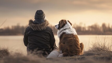 loyal dog sitting patiently beside its owner, their bond a testament to the unconditional love and loyalty of pets. - obrazy, fototapety, plakaty