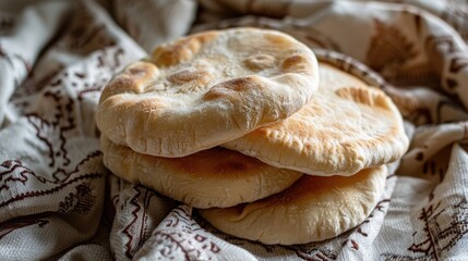 Stack of fresh pita bread on embroidered cloth.