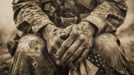 Soldier's hands holding a dirty and worn American flag. Military and patriotism concept.