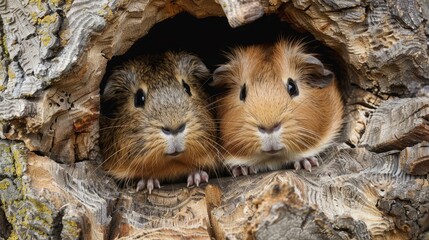 pair of affectionate guinea pigs snuggled together in a cozy hideout, epitomizing the joy and warmth of animal companionship.