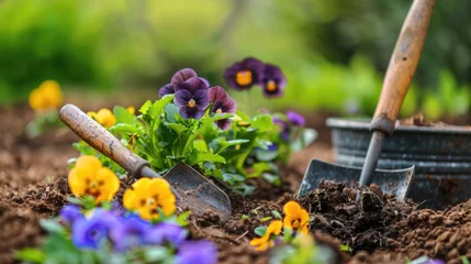 Fotobehang Gardening tools and pansies in soil. Macro shot with natural background. World Environment Day © Julia Jones