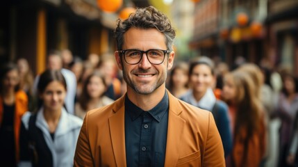 Fototapeta premium Confident man smiling with crowd in the background.