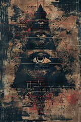 Mystical all-seeing eye pyramid with moon. Abstract grunge art with red and black splatters.