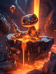 Cute salamander character in lava