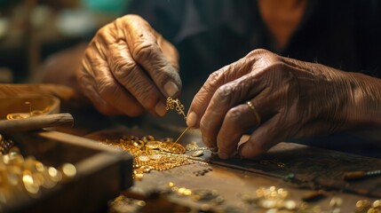 serene moment in a traditional goldsmith's workshop as skilled artisans meticulously handcraft intricate gold filigree jewelry, honoring age-old techniques and craftsmanship.