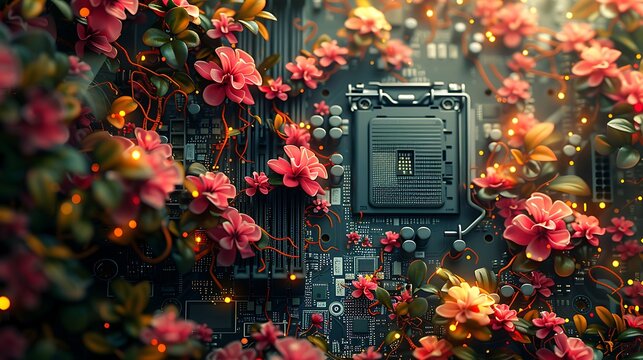 An artistic rendering of a motherboard that transforms its circuits and components into a jungle scene.