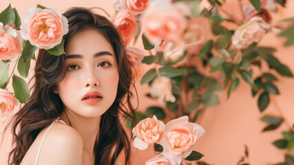 Soft, feminine portrait of a woman with a blush pink rose backdrop for a gentle mood
