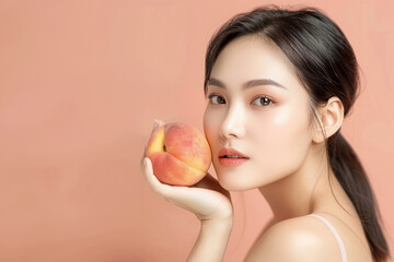 Close-up of an Asian beauty with perfect skin delicately holding a peach against a peachy background