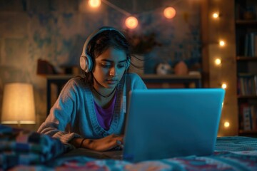 Young adult indian student woman taking notes while using laptop computer at home. Millennial ethnic female learning online listening virtual video call. Business and education concept