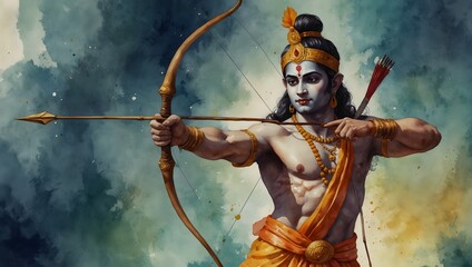 Watercolor illustration for Ram Navami showing Lord Rama with a bow and arrow Generative AI