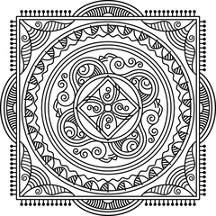 Indian Traditional and Cultural Rangoli, Alpona, Kolam, or Paisley vector line art. centuries-old Bengali art tradition for textile printing, logo, wallpaper	