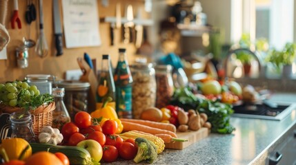 a kitchen counter overflowing with fresh fruits, vegetables, and whole grains. - obrazy, fototapety, plakaty