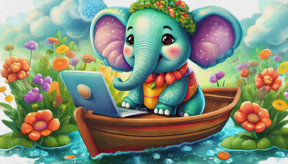 oil painting style CARTOON CHARACTER CUTE baby elephant game of lap top, elephant, boat - obrazy, fototapety, plakaty