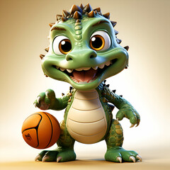 Cartoon character of a dragon with a basketball. 3d rendering - obrazy, fototapety, plakaty