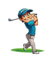 Cartoon golfer in mid-swing on a lush green, showcasing dynamic motion and playful character expression. Generative AI