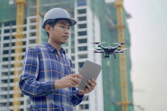 Young Asian engineer man working with drone laptop and smartphone at construction site. Using unmanned aerial vehicle (UAV) for land and building site survey in civil engineering project.