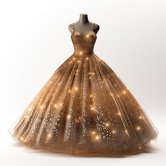 Gold ball gown displayed on mannequin with lights, fashion design - 792535949