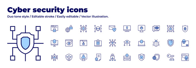 Cyber security icons collection. Duo tone style. Editable stroke, alert, computer, cyber, cyber crime, cyber security, server, spyware, digital security, file, security.