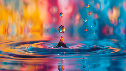 A drop of water creates ripples in a rainbow puddle .Ideal for artistic performances, science education or tranquil settings,3D masterpiece, A water droplet embodying the purity of liquid elegance
 - obrazy, fototapety, plakaty