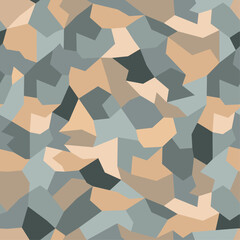 Peach and gray pastel-hued elements arranged in camouflage vector seamless pattern. Polygon shaped elements organized in a surface art texture for printing or use in graphic design.