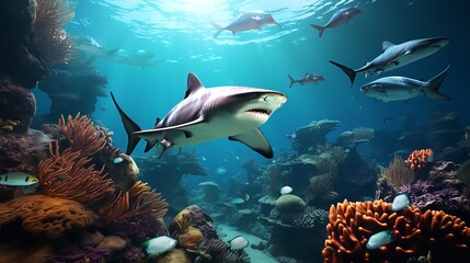 Fototapeta na wymiar Sharks Swimming Peacefully Among Coral Formations