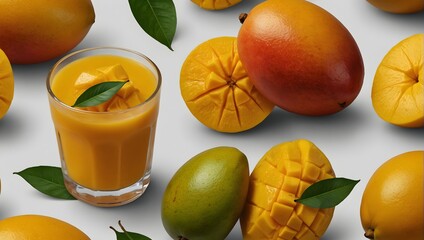 Mango juice and mango slices isolated for cutout on a transparent background Generative AI - obrazy, fototapety, plakaty
