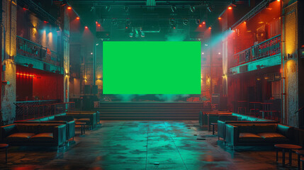 Obraz premium Dynamic club setting with prominent stage and massive green screen.generative ai